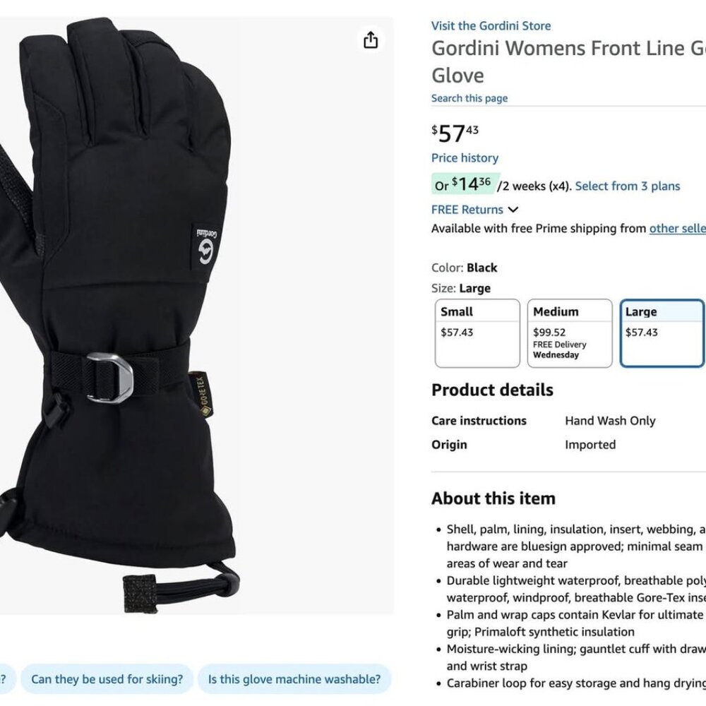 Women's Large Gordini Front Line Gore-tex Gloves